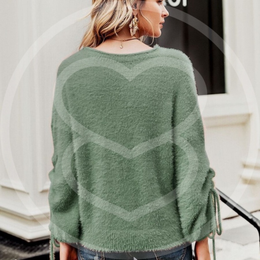 Fuzzy cozy ruched sleev fall autumn sweater -greeN - Picture 3 of 9